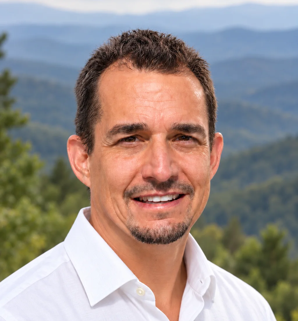 Zach Lyon outdoors, with forested ridgelines behind him