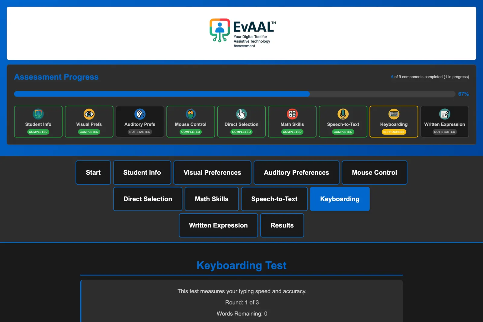 The old keyboarding subtest: dark page, crowded tabs, small text