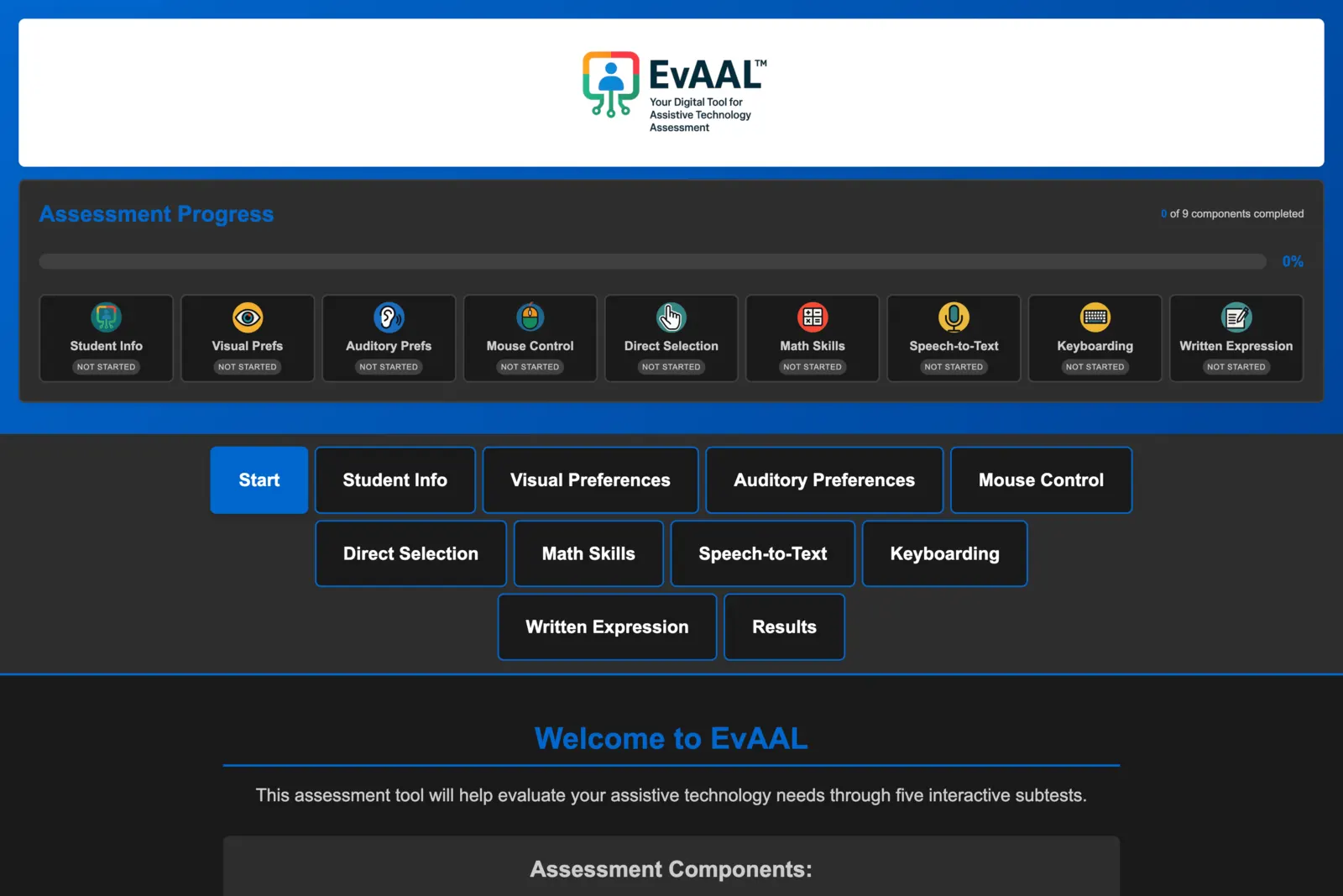 The old EvAAL app: a dark page with a crowded progress strip and a grid of tab buttons