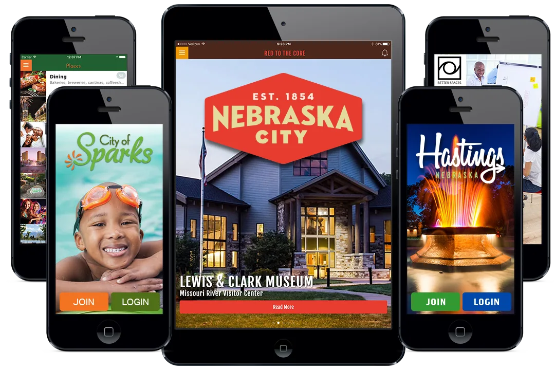Joinify-powered visitor apps for several destinations on phones and a tablet