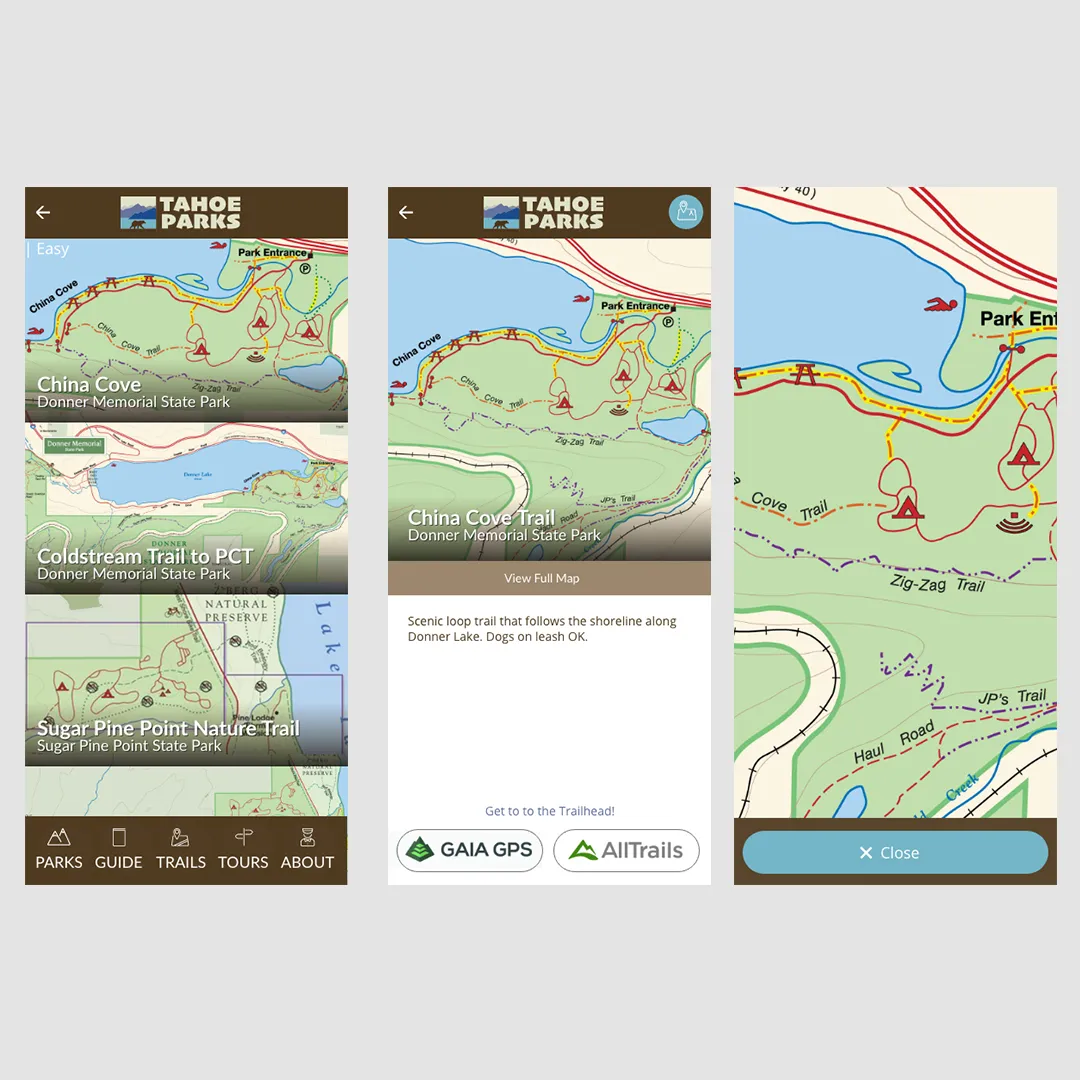 Tahoe Parks trail map screens