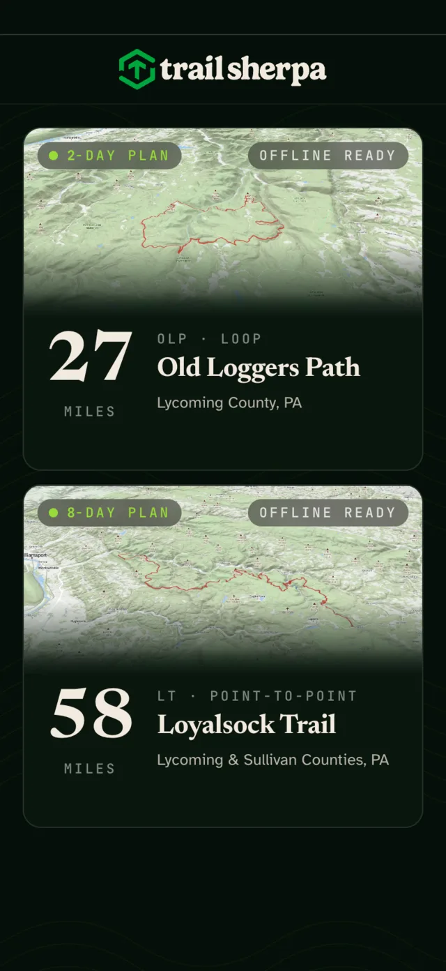 Basecamp screen listing offline-ready trail packs for Old Loggers Path and Loyalsock Trail
