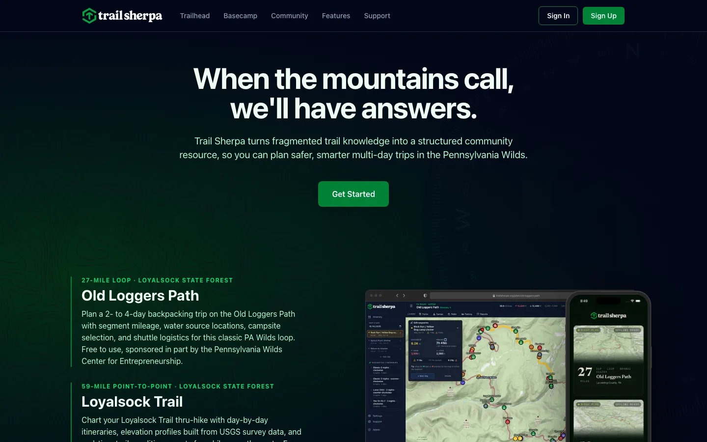 Trail Sherpa marketing site with the headline 'When the mountains call, we'll have answers' and trail overviews
