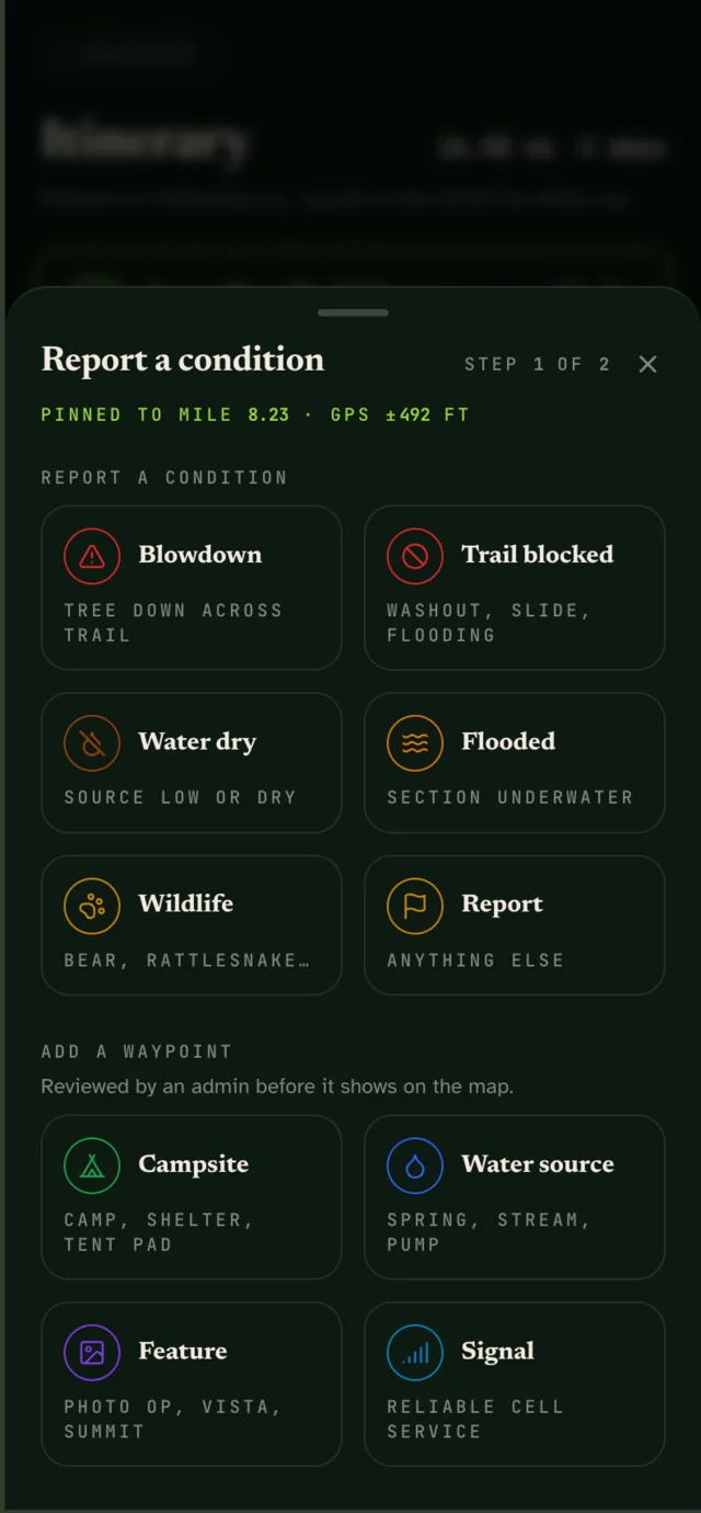 Condition report sheet with presets for blowdowns, dry water sources, flooding and wildlife